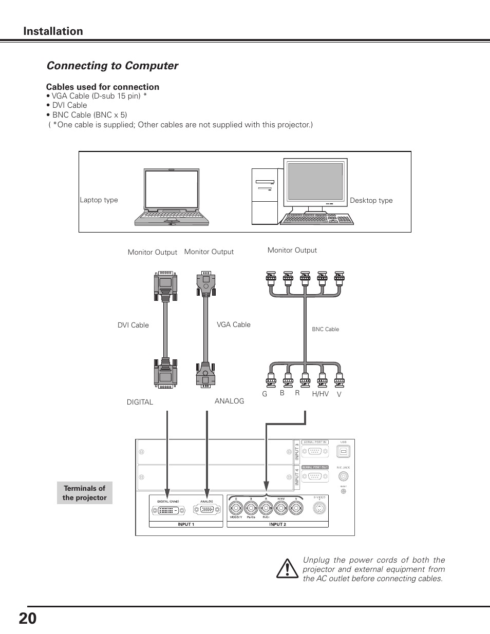 Connecting to computer, Installation connecting to computer | Sanyo PLC-XF1000 User Manual | Page 20 / 84