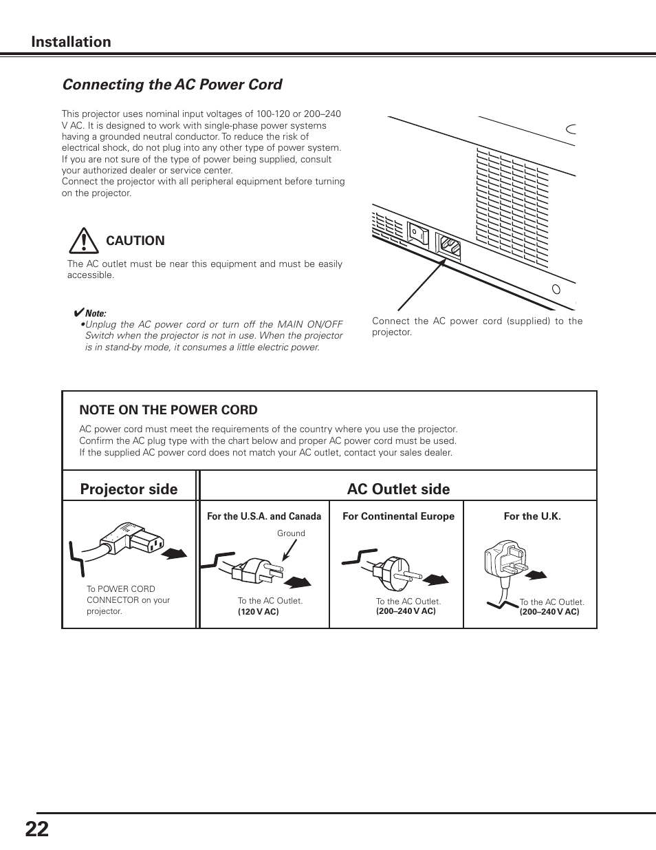 Connecting the ac power cord, Projector side ac outlet side, Installation | Sanyo PLC-XF1000 User Manual | Page 22 / 84