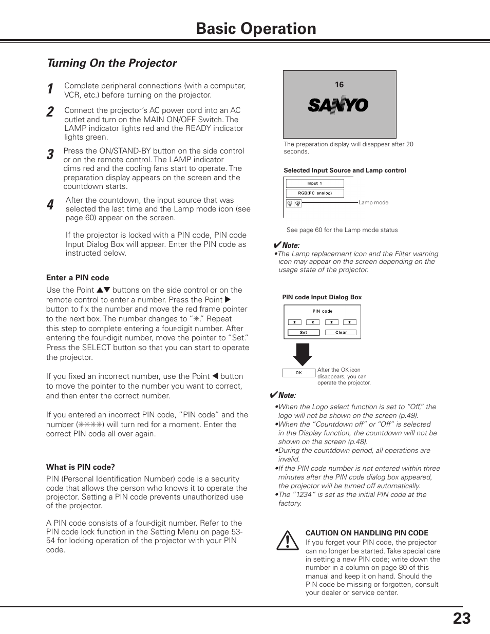 Basic operation, Turning on the projector | Sanyo PLC-XF1000 User Manual | Page 23 / 84