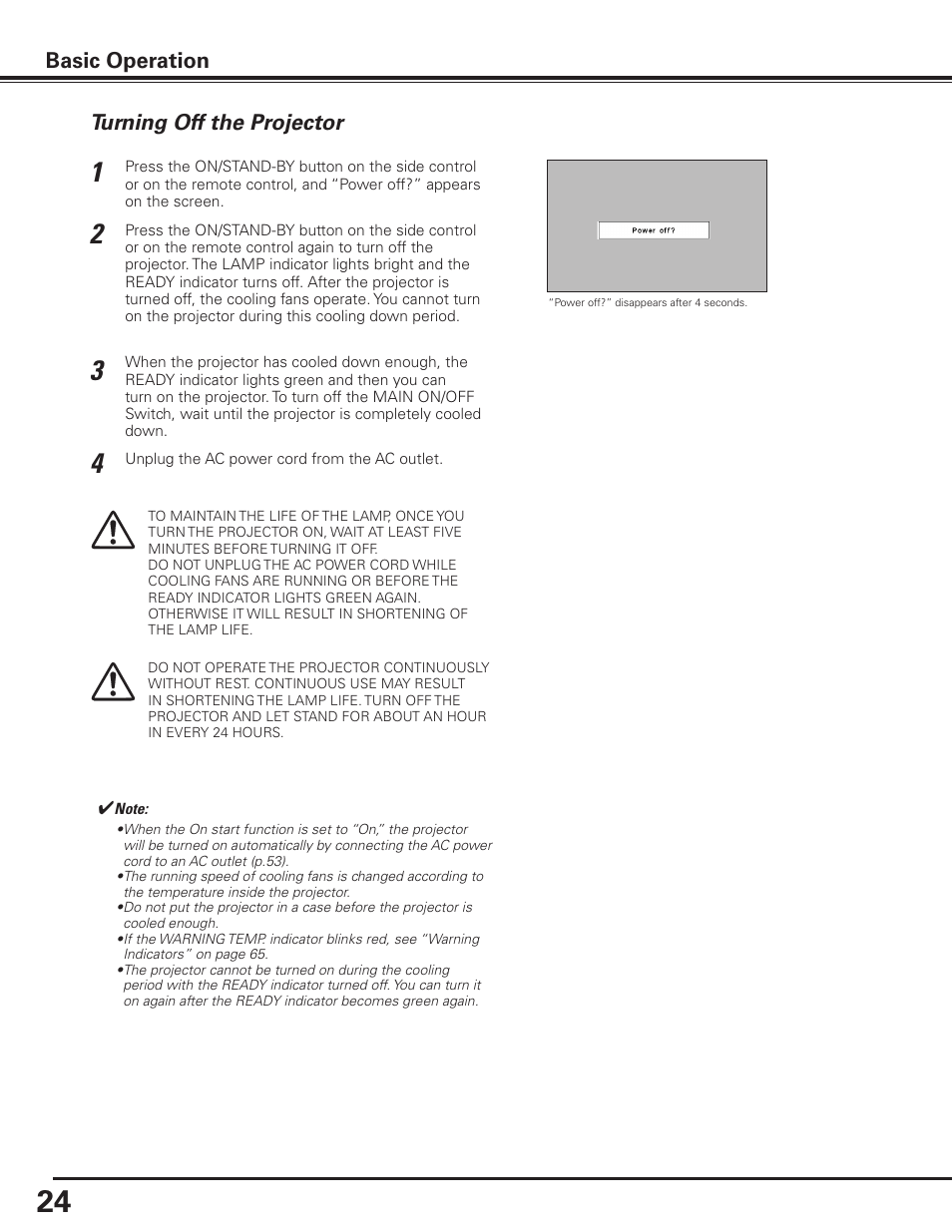 Turning off the projector, Basic operation | Sanyo PLC-XF1000 User Manual | Page 24 / 84