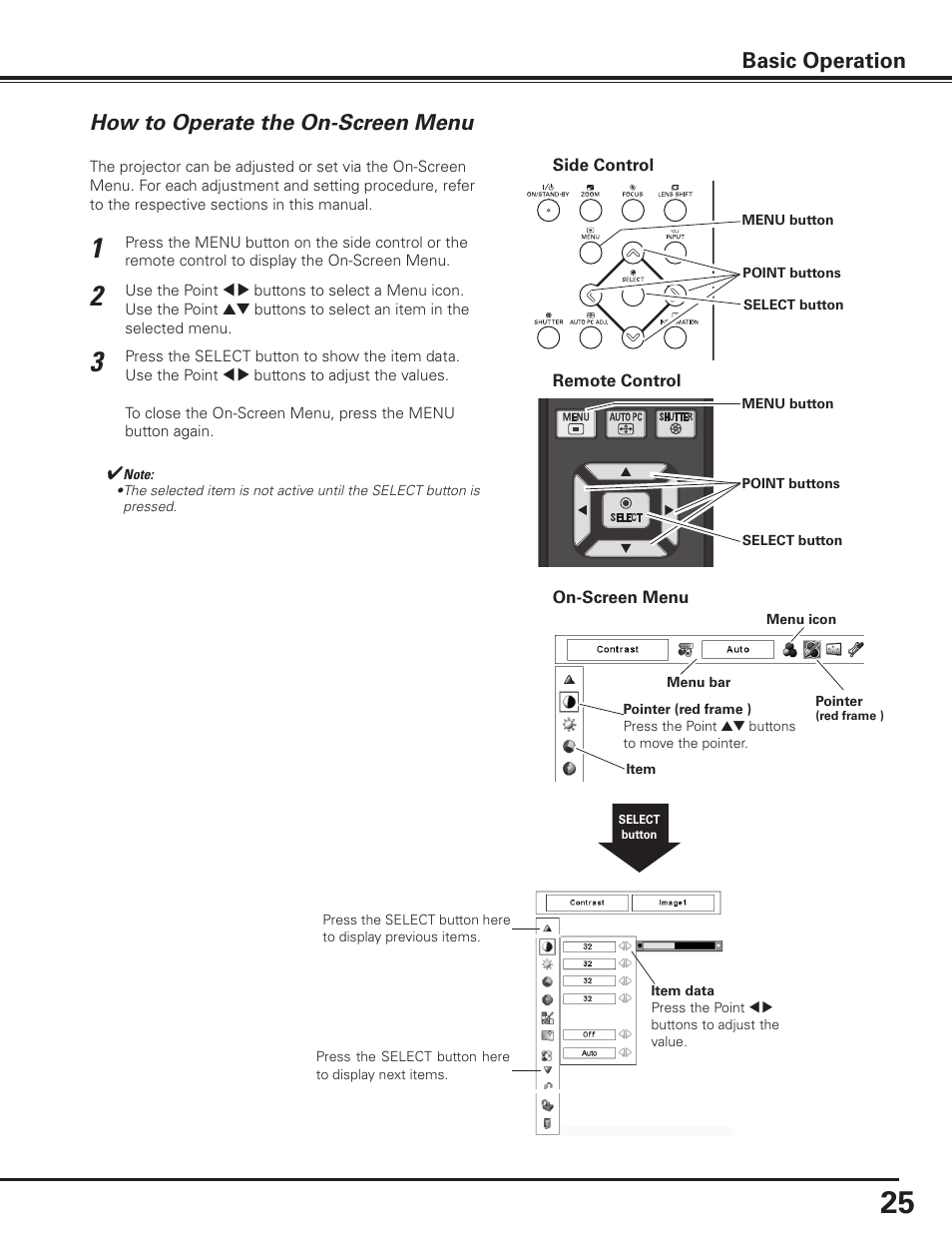 How to operate the on-screen menu, Basic operation | Sanyo PLC-XF1000 User Manual | Page 25 / 84