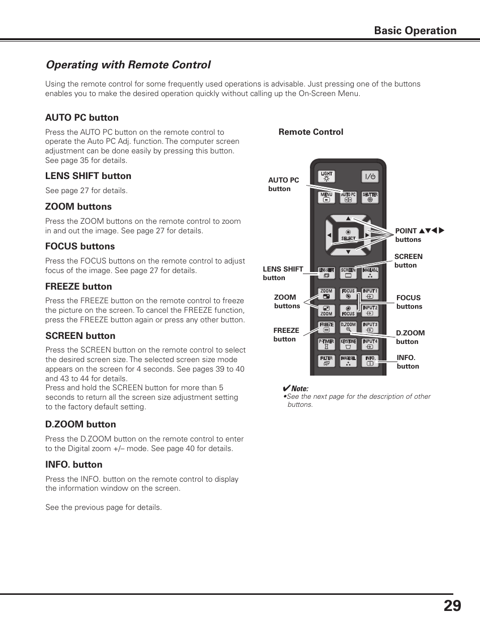 Operating with remote control, Basic operation | Sanyo PLC-XF1000 User Manual | Page 29 / 84