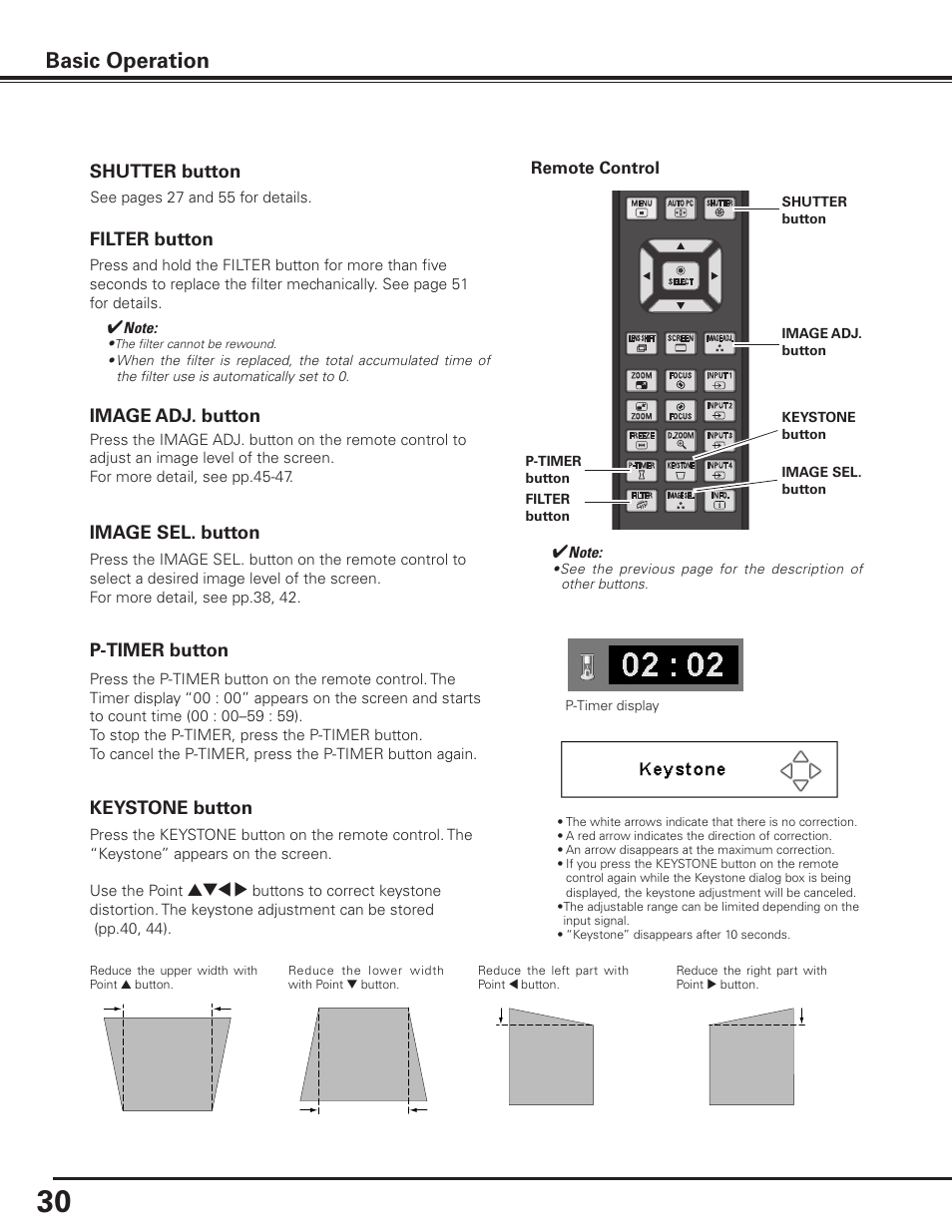 Basic operation, Keystone button, P-timer button | Image adj . button image sel . button, Shutter button, Filter button | Sanyo PLC-XF1000 User Manual | Page 30 / 84