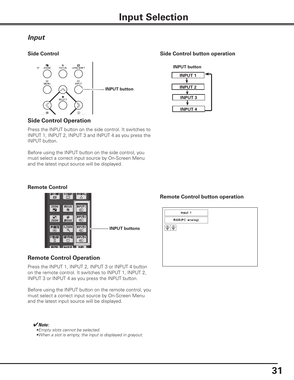 Input selection, Input | Sanyo PLC-XF1000 User Manual | Page 31 / 84