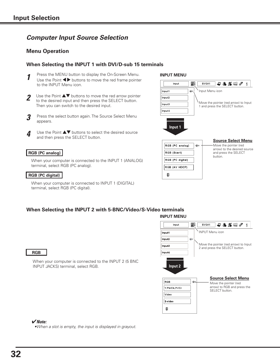 Computer input source selection, Input selection | Sanyo PLC-XF1000 User Manual | Page 32 / 84