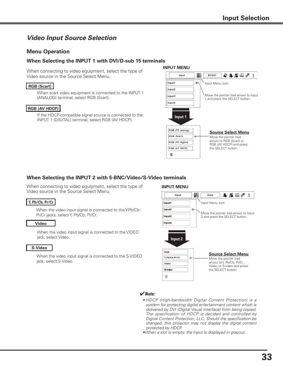 Video input source selection, Video input source selection input selection, Menu operation | Sanyo PLC-XF1000 User Manual | Page 33 / 84