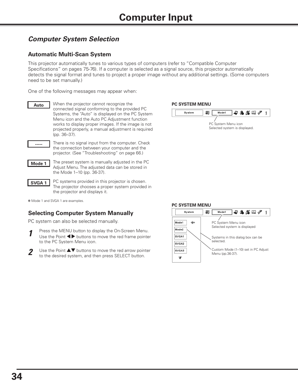 Computer input, Computer system selection | Sanyo PLC-XF1000 User Manual | Page 34 / 84