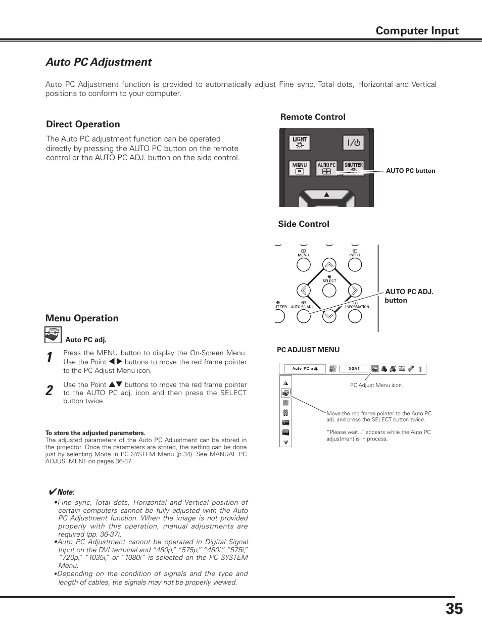Auto pc adjustment, Computer input | Sanyo PLC-XF1000 User Manual | Page 35 / 84