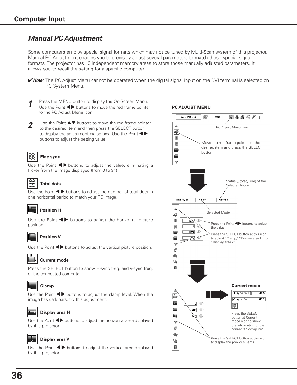 Manual pc adjustment, Computer input | Sanyo PLC-XF1000 User Manual | Page 36 / 84