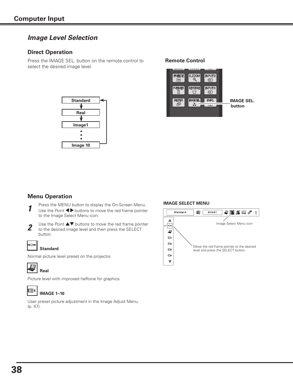 Image level selection, Computer input | Sanyo PLC-XF1000 User Manual | Page 38 / 84