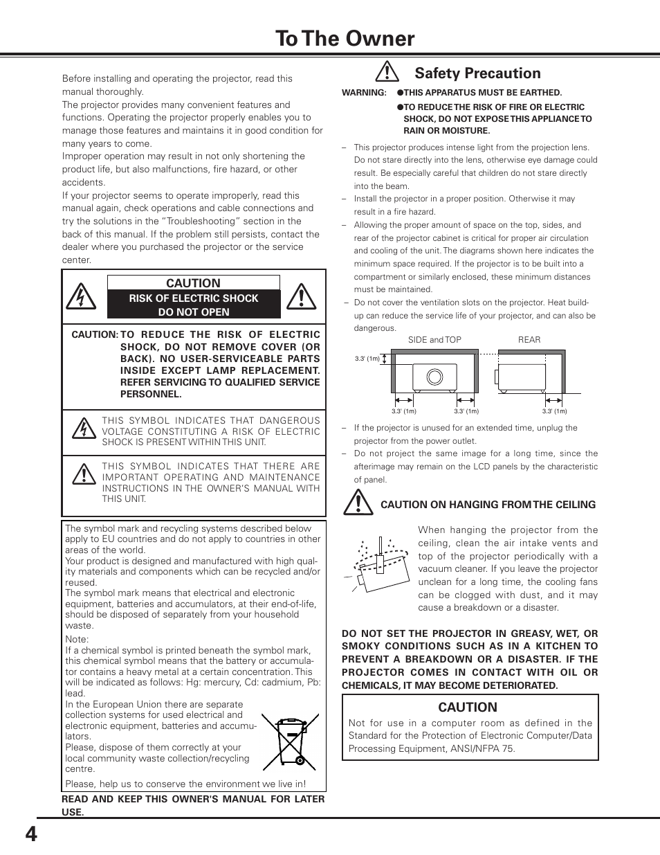 To the owner, Safety precaution, Caution | Sanyo PLC-XF1000 User Manual | Page 4 / 84