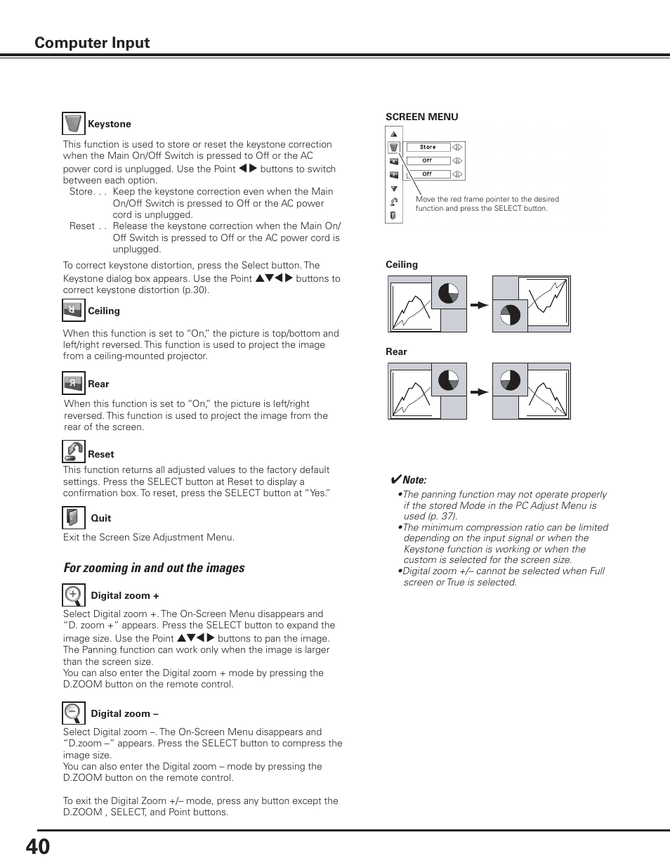 Computer input, For zooming in and out the images | Sanyo PLC-XF1000 User Manual | Page 40 / 84