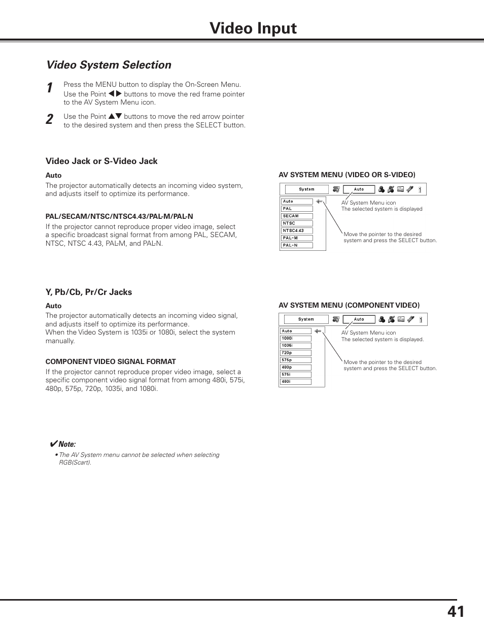Video input, Video system selection, Computer input | Sanyo PLC-XF1000 User Manual | Page 41 / 84
