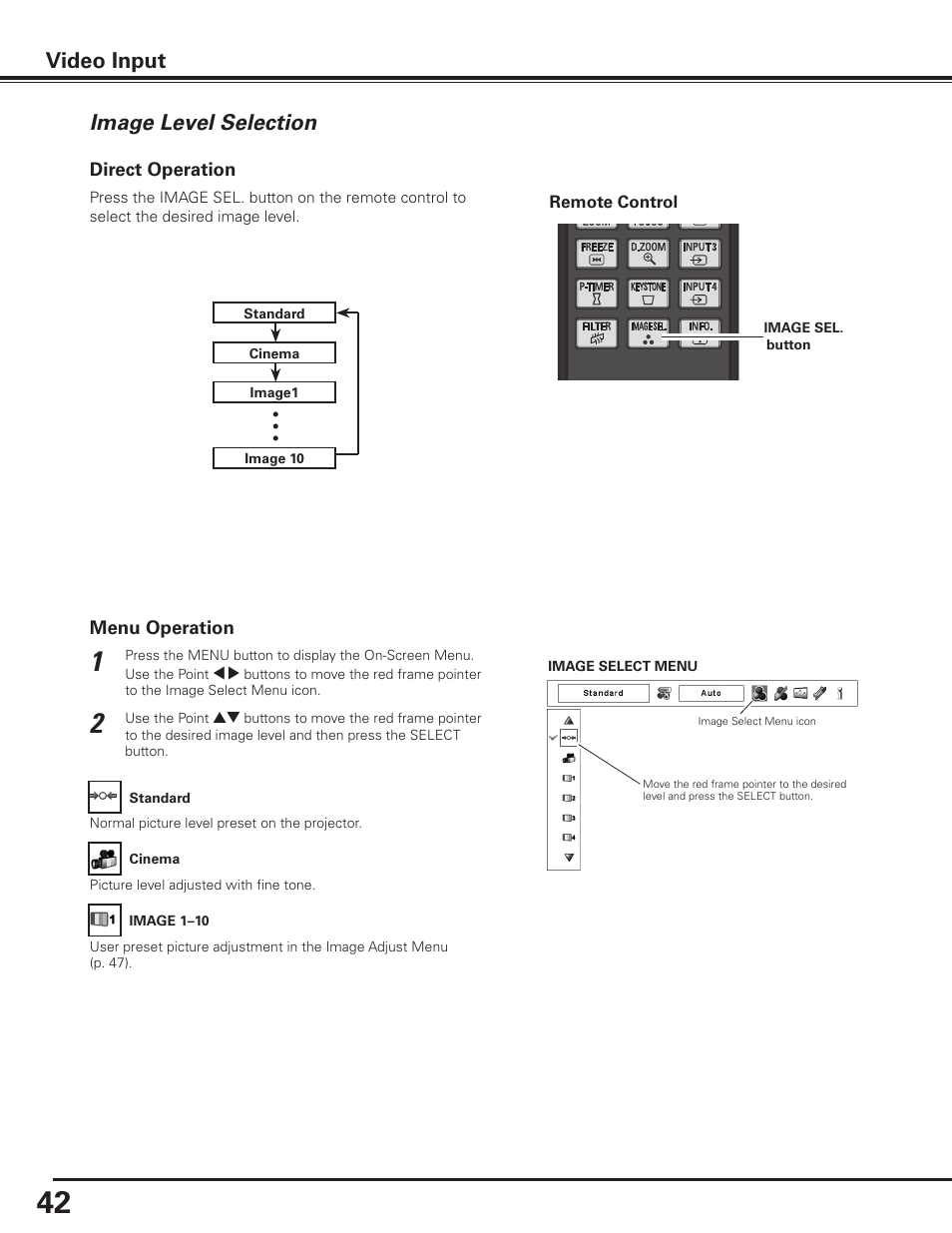 Image level selection, Video input | Sanyo PLC-XF1000 User Manual | Page 42 / 84