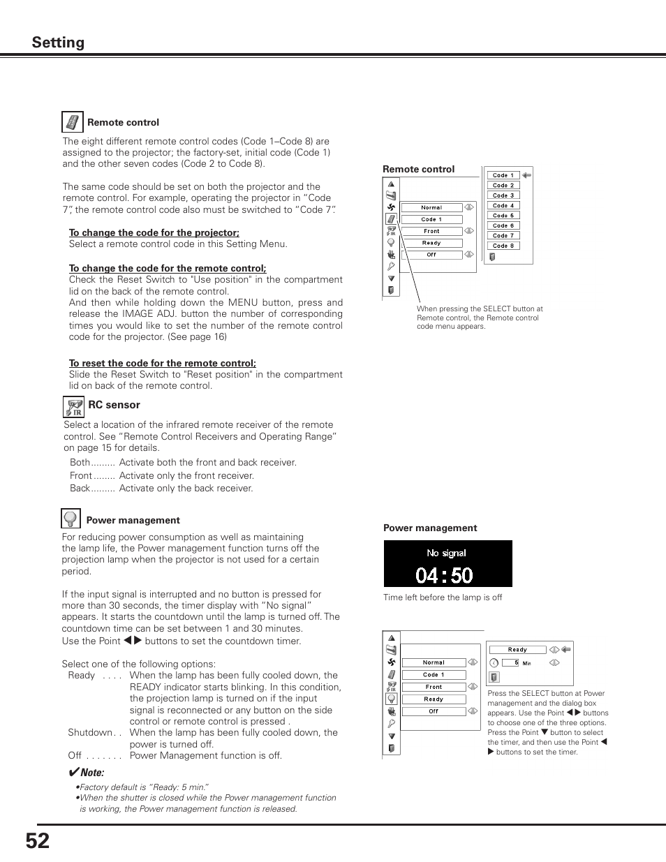 Setting | Sanyo PLC-XF1000 User Manual | Page 52 / 84
