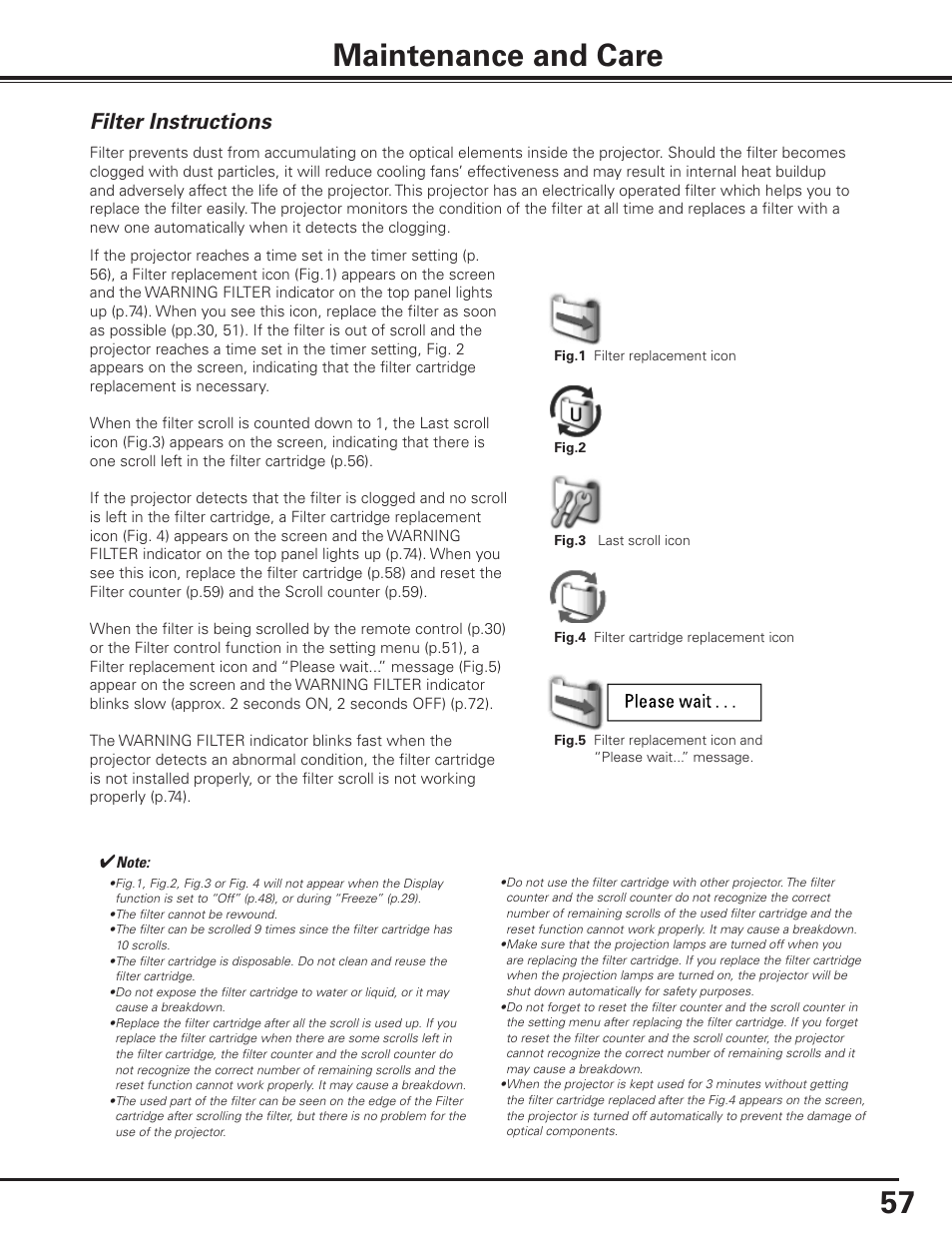 Maintenance and care, Filter instructions, 57 maintenance and care | Sanyo PLC-XF1000 User Manual | Page 57 / 84