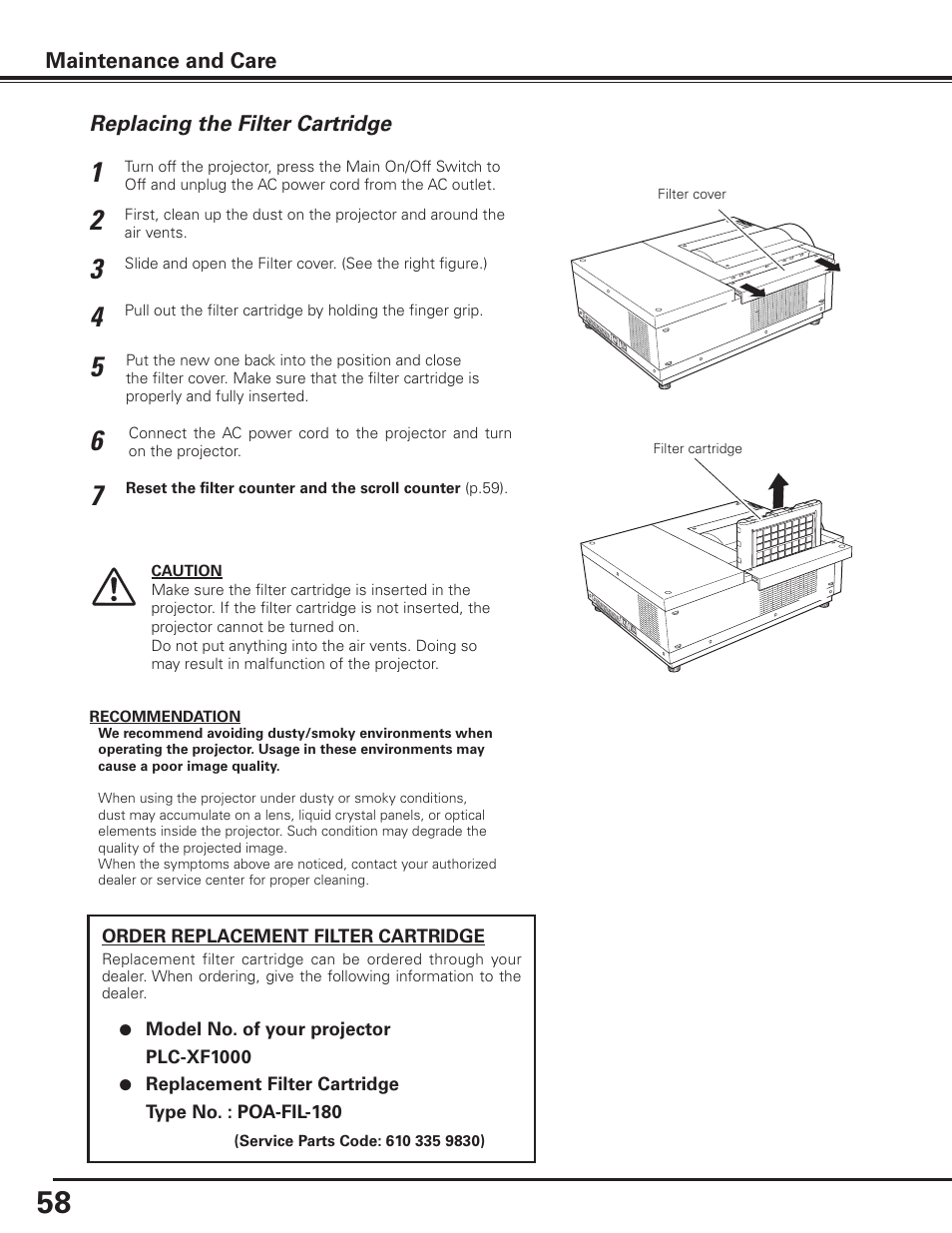 Replacing the filter cartridge | Sanyo PLC-XF1000 User Manual | Page 58 / 84