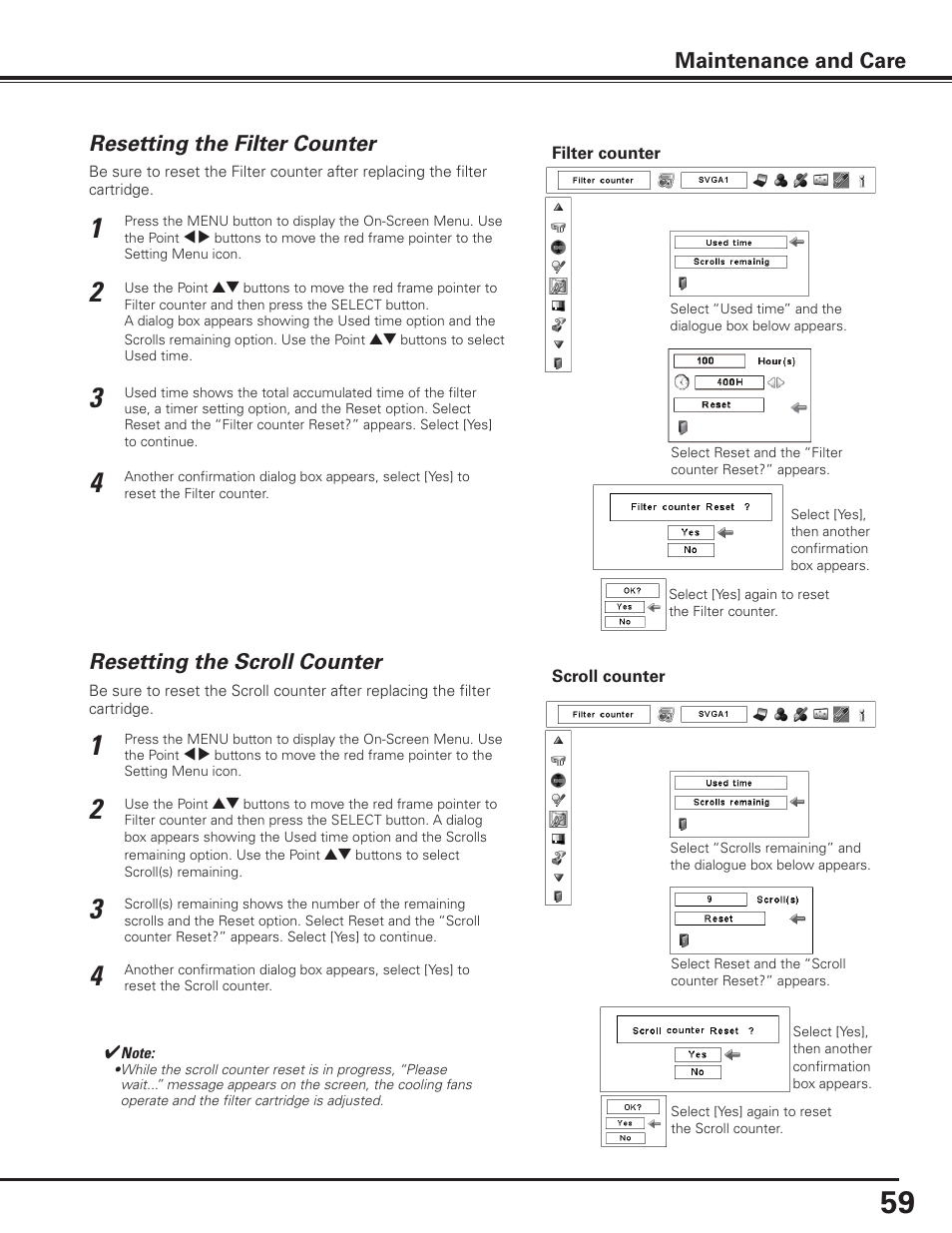 Resetting the filter counter, Resetting the scroll counter, Maintenance and care | Sanyo PLC-XF1000 User Manual | Page 59 / 84