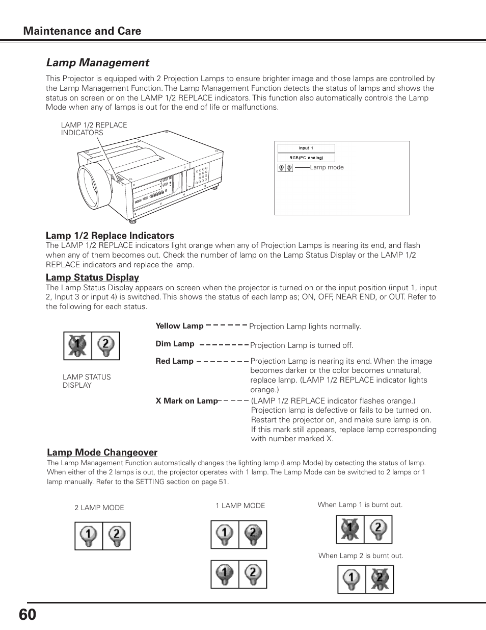 Lamp management, Maintenance and care | Sanyo PLC-XF1000 User Manual | Page 60 / 84