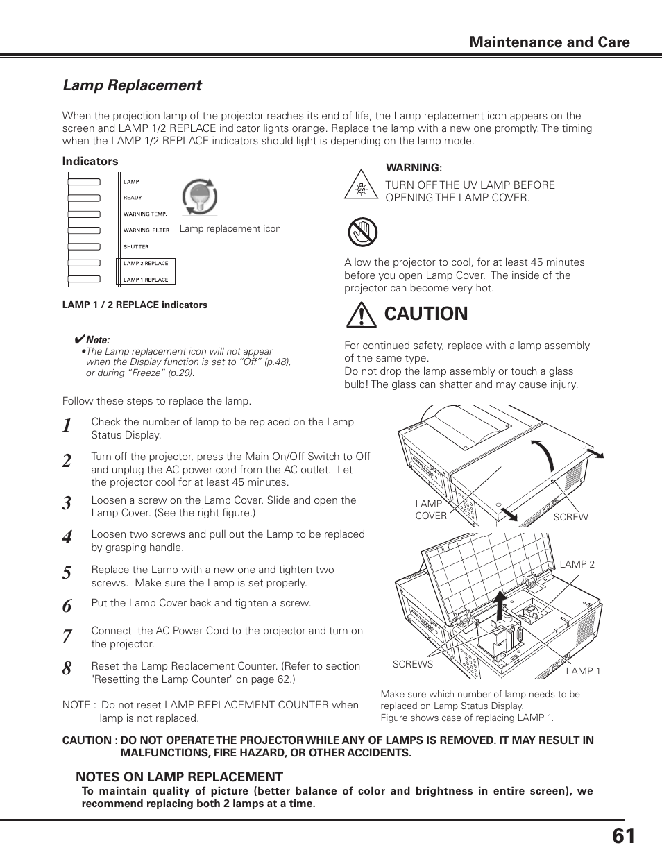 Lamp replacement, Caution, Maintenance and care | Sanyo PLC-XF1000 User Manual | Page 61 / 84