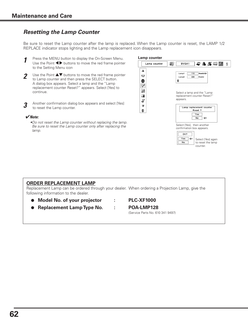 Resetting the lamp counter, Maintenance and care | Sanyo PLC-XF1000 User Manual | Page 62 / 84
