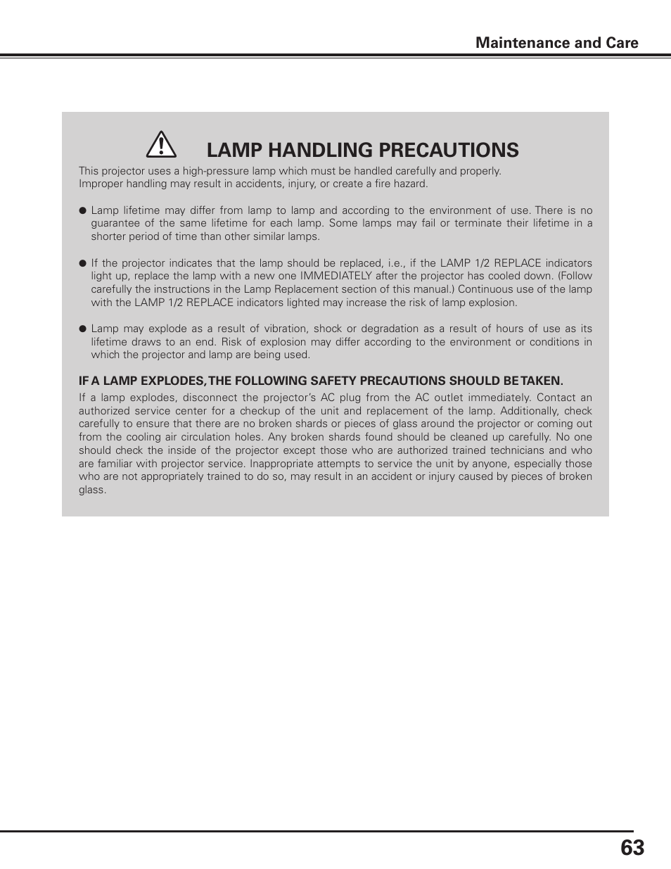 Lamp handling precautions, Maintenance and care | Sanyo PLC-XF1000 User Manual | Page 63 / 84