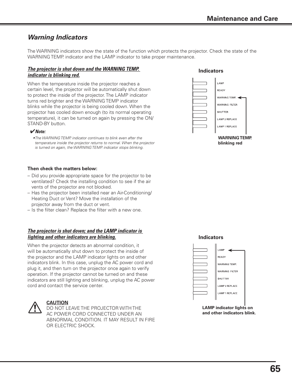 Warning indicators, Maintenance and care | Sanyo PLC-XF1000 User Manual | Page 65 / 84