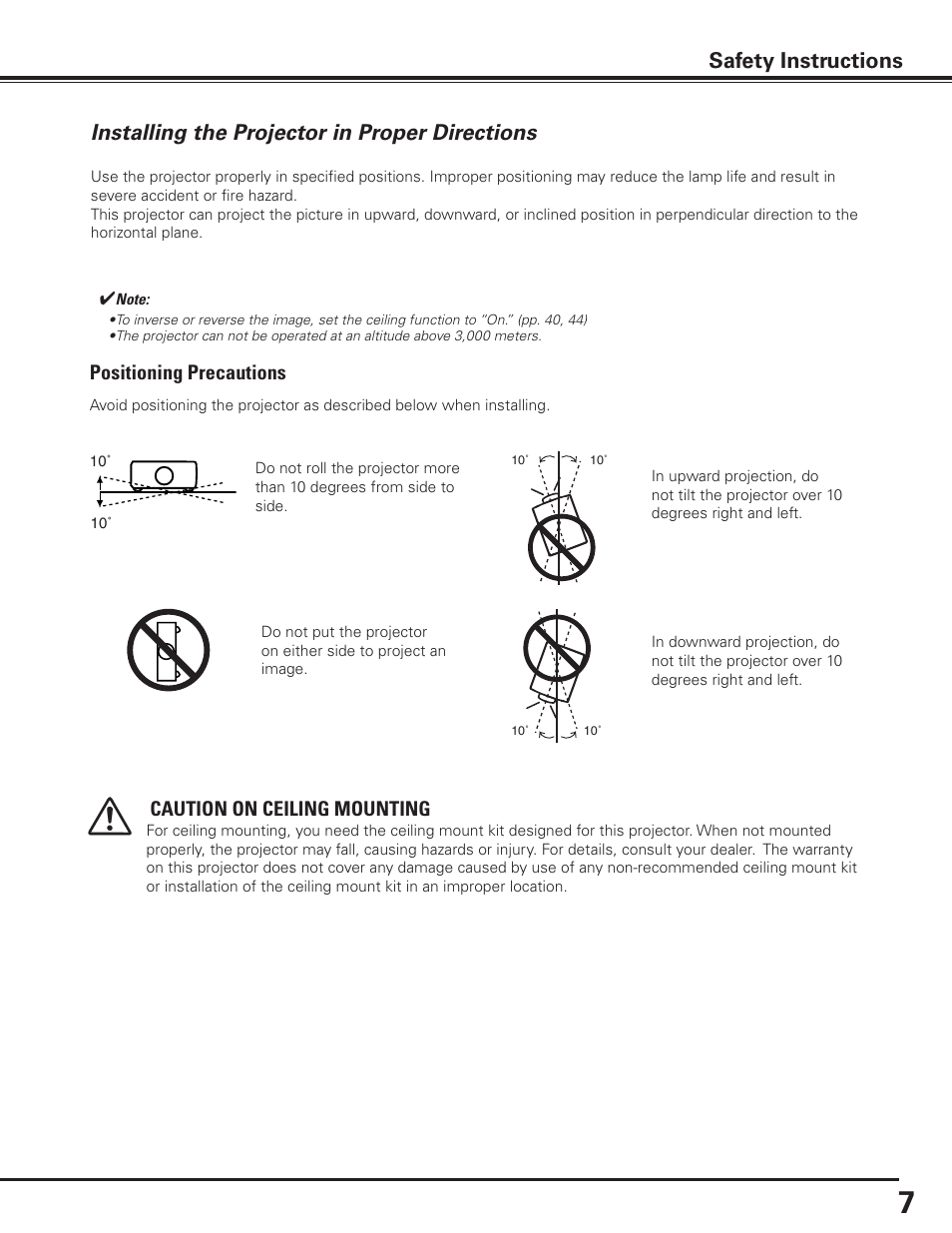 Installing the projector in proper directions, Installing the, Projector in proper directions | Safety instructions, Positioning precautions, Caution on ceiling mounting | Sanyo PLC-XF1000 User Manual | Page 7 / 84