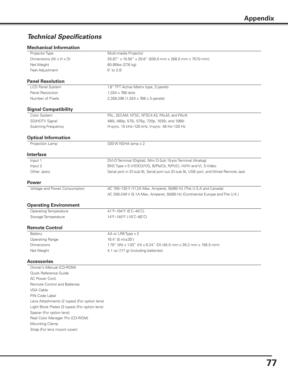 Technical specifications, Appendix | Sanyo PLC-XF1000 User Manual | Page 77 / 84