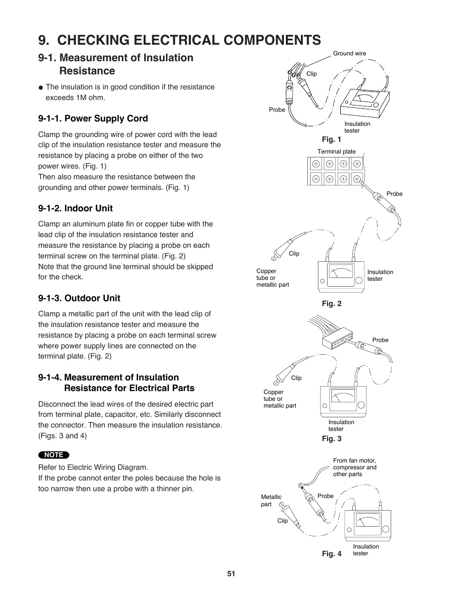 Checking electrical components, 1. measurement of insulation resistance, 1-1. power supply cord | 1-2. indoor unit, 1-3. outdoor unit | Sanyo CH3682 User Manual | Page 51 / 109