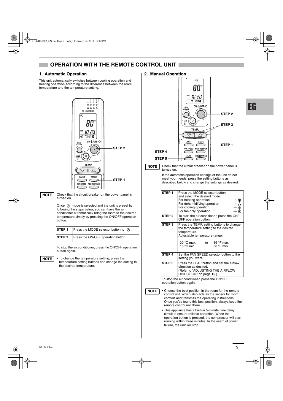 Operation with the remote control unit, Automatic operation, Manual operation | Sanyo CH3682 User Manual | Page 69 / 109