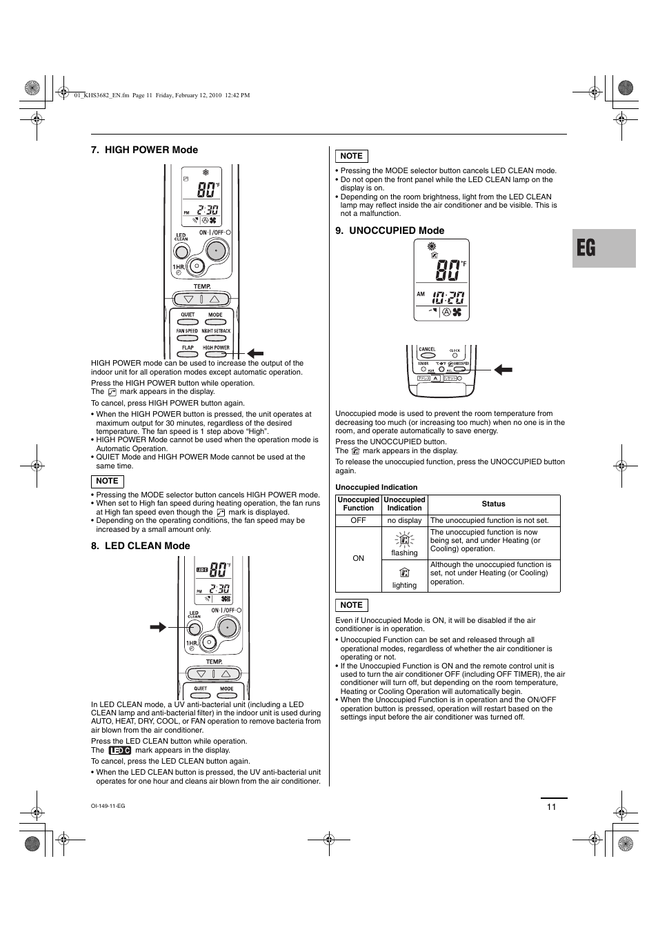 High power mode, Led clean mode, Unoccupied mode | Sanyo CH3682 User Manual | Page 71 / 109