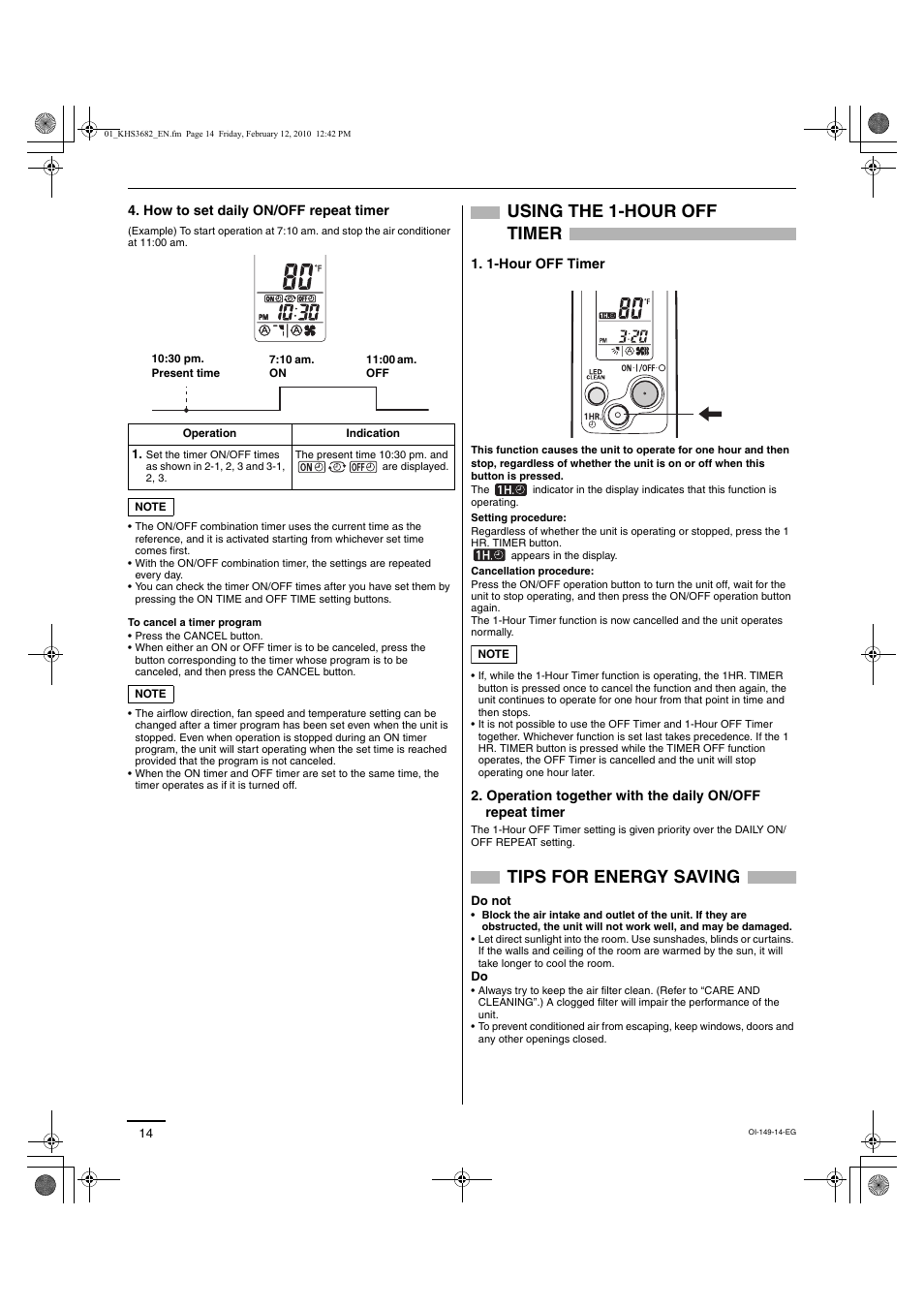 Using the 1-hour off timer, Tips for energy saving | Sanyo CH3682 User Manual | Page 74 / 109