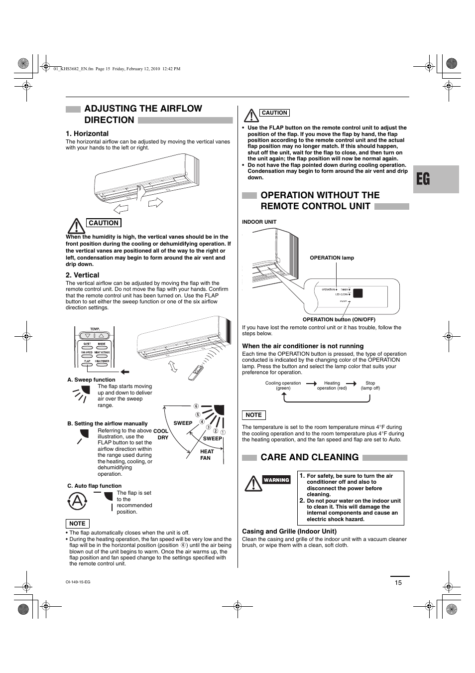 Adjusting the airflow direction, Operation without the remote control unit, Care and cleaning | Horizontal, Vertical | Sanyo CH3682 User Manual | Page 75 / 109