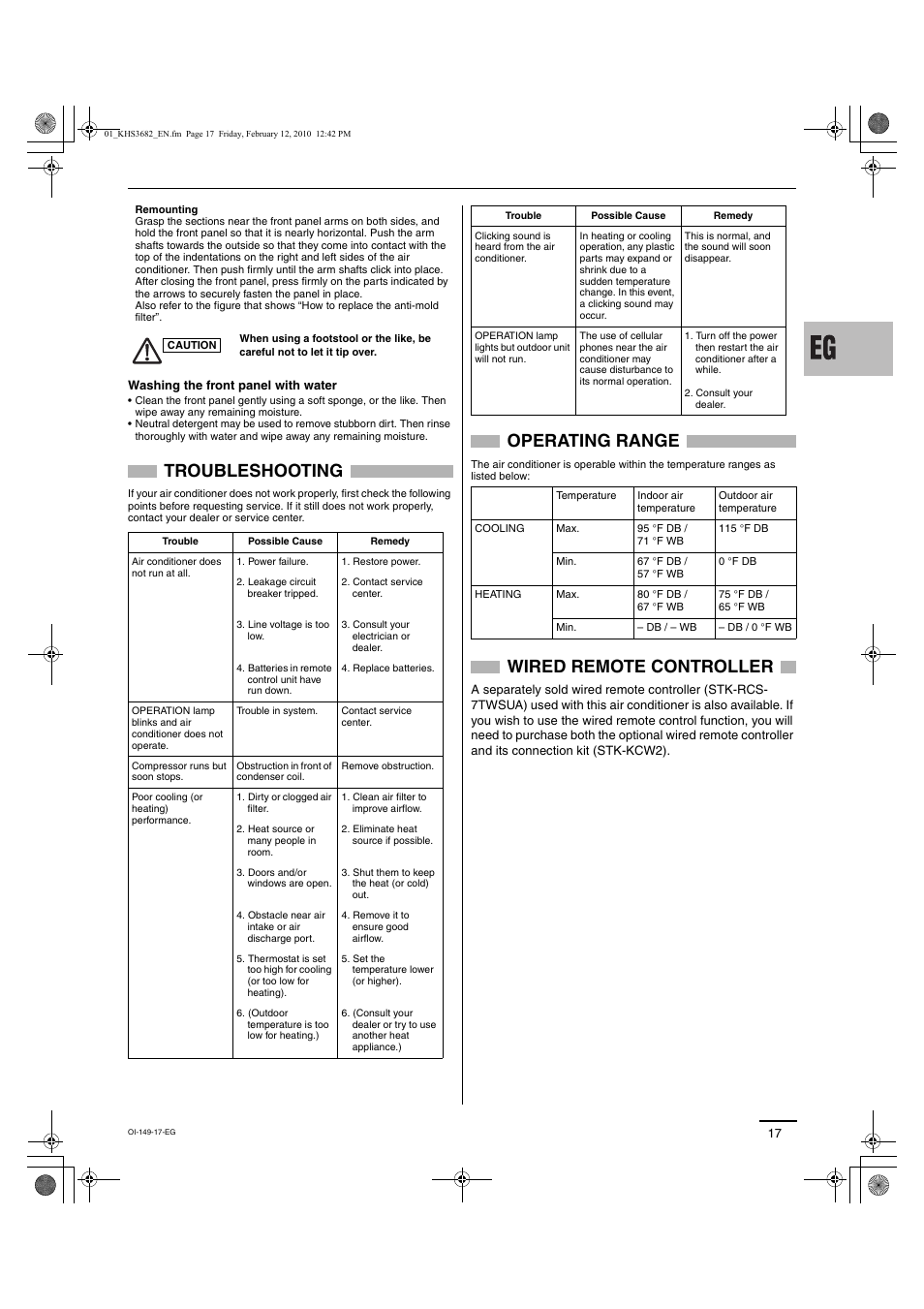 Troubleshooting, Operating range, Wired remote controller | Sanyo CH3682 User Manual | Page 77 / 109