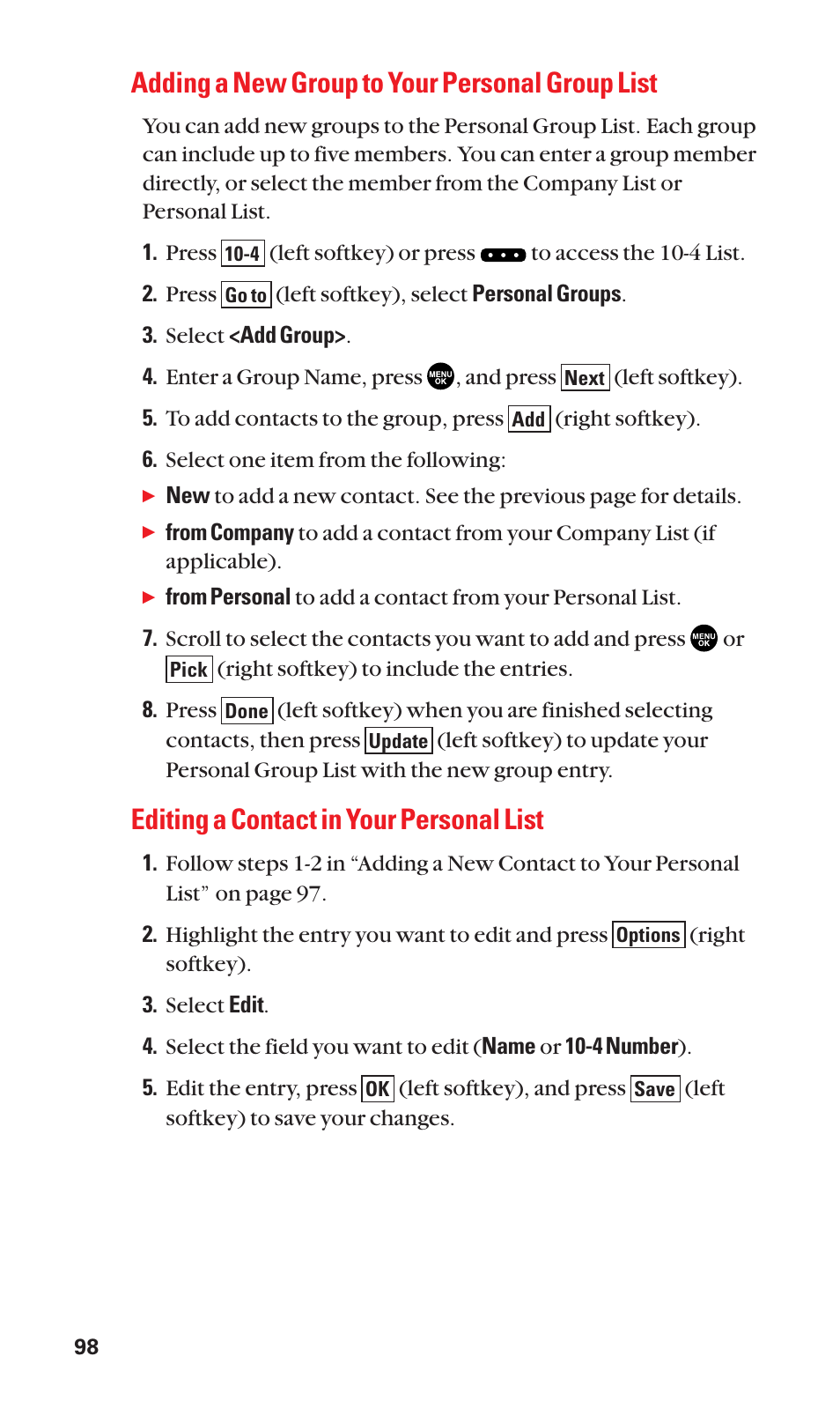 Adding a new group to your personal group list, Editing a contact in your personal list | Sanyo SCP-2400 User Manual | Page 106 / 140