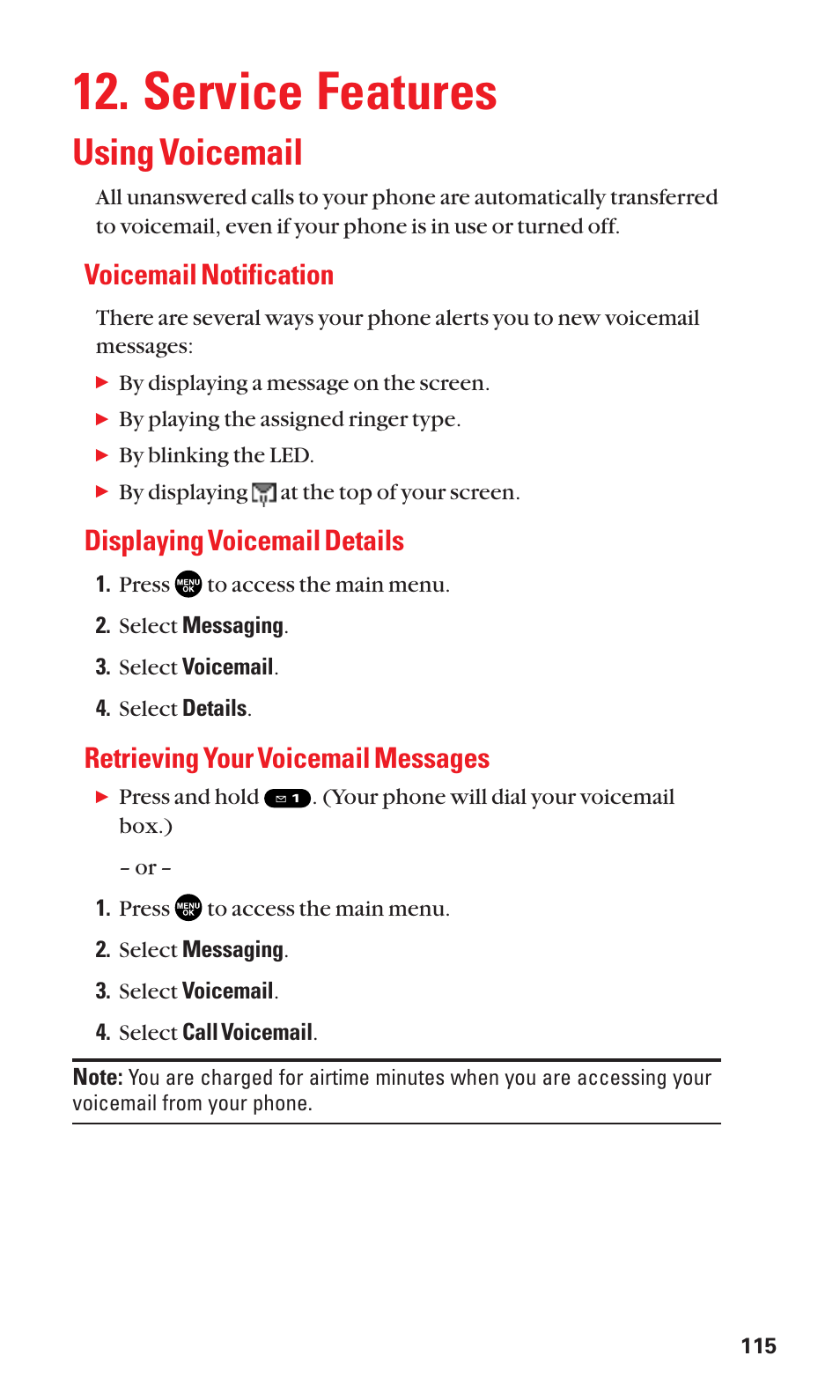 Service features, Using voicemail, Voicemail notification | Displaying voicemail details, Retrieving your voicemail messages | Sanyo SCP-2400 User Manual | Page 123 / 140