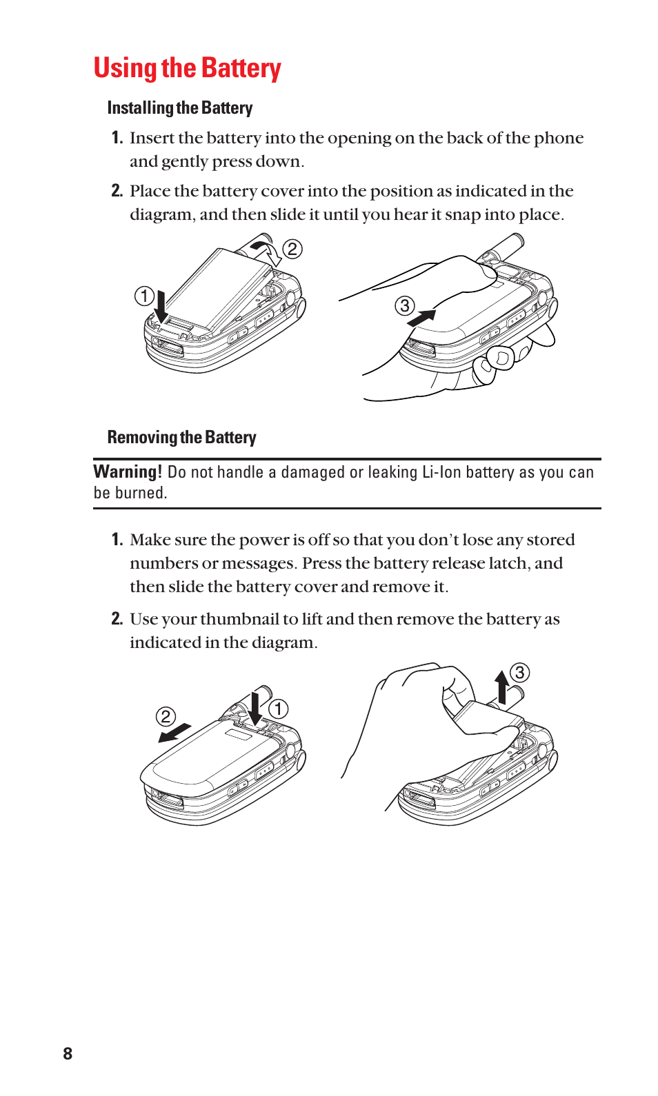 Using the battery | Sanyo SCP-2400 User Manual | Page 16 / 140