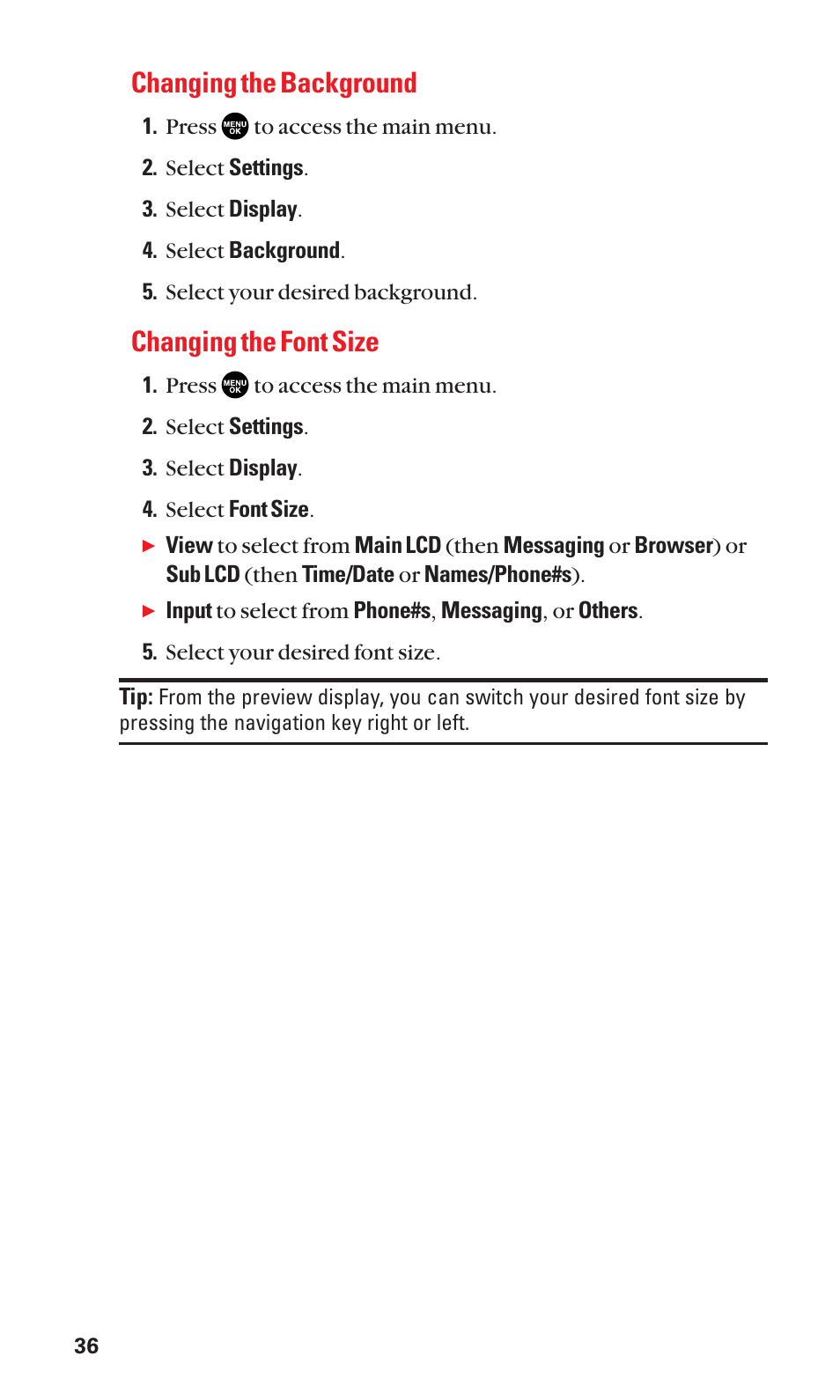 Changing the background, Changing the font size | Sanyo SCP-2400 User Manual | Page 44 / 140