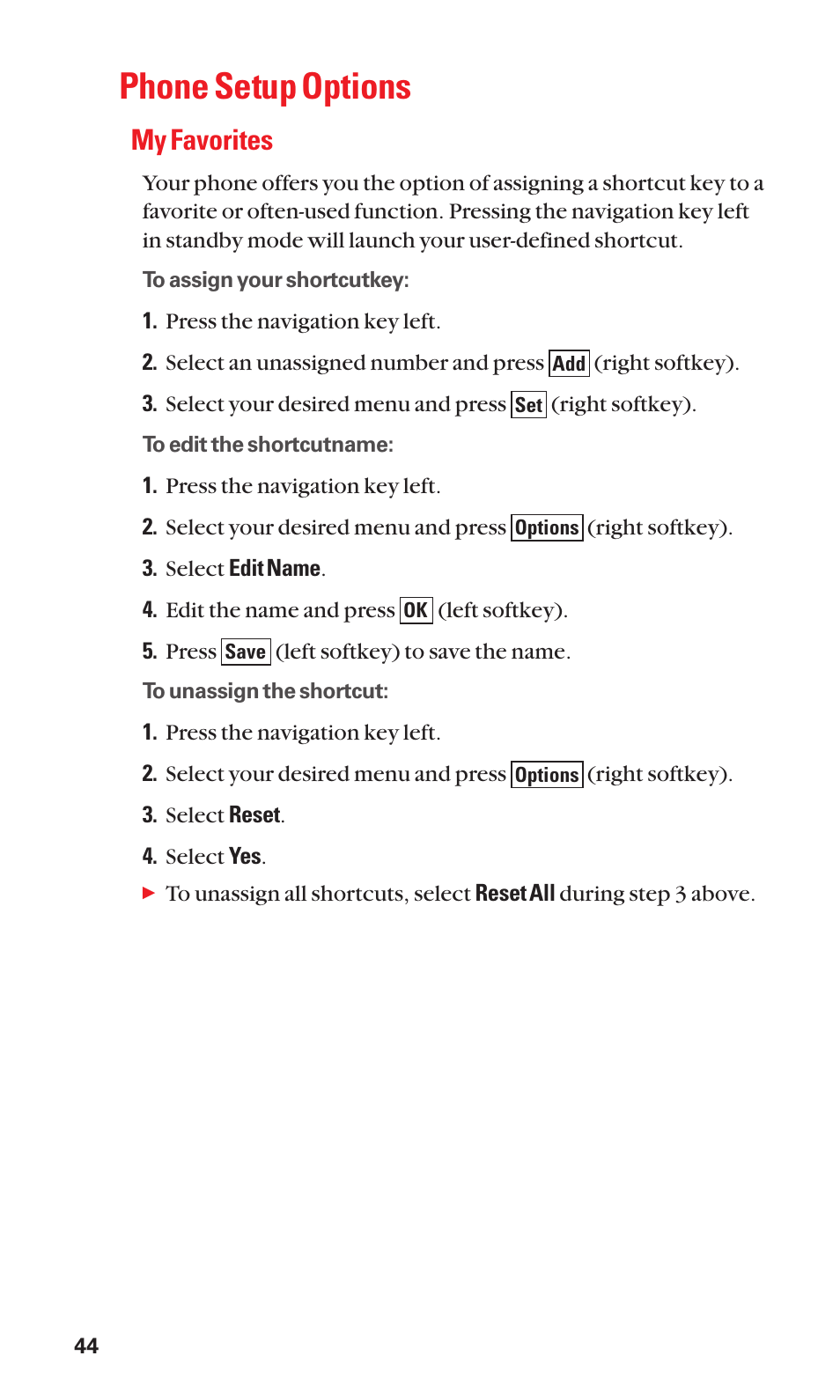 Phone setup options, My favorites | Sanyo SCP-2400 User Manual | Page 52 / 140