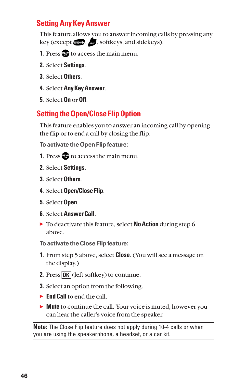 Setting any key answer, Setting the open/close flip option | Sanyo SCP-2400 User Manual | Page 54 / 140