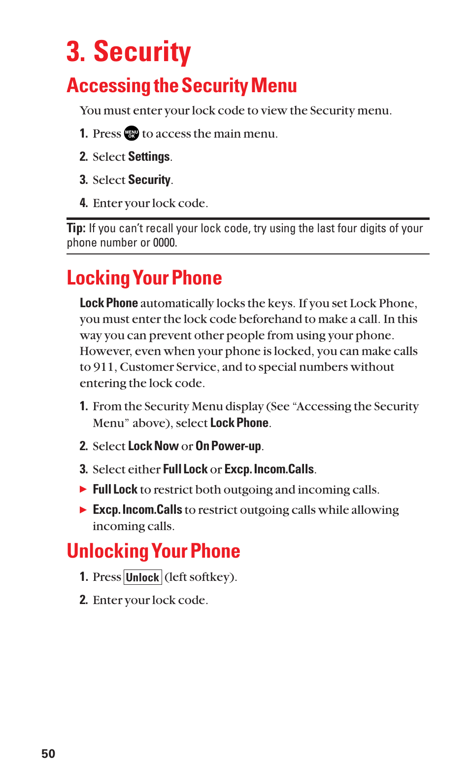 Security, Accessing the security menu, Locking your phone | Unlocking your phone | Sanyo SCP-2400 User Manual | Page 58 / 140