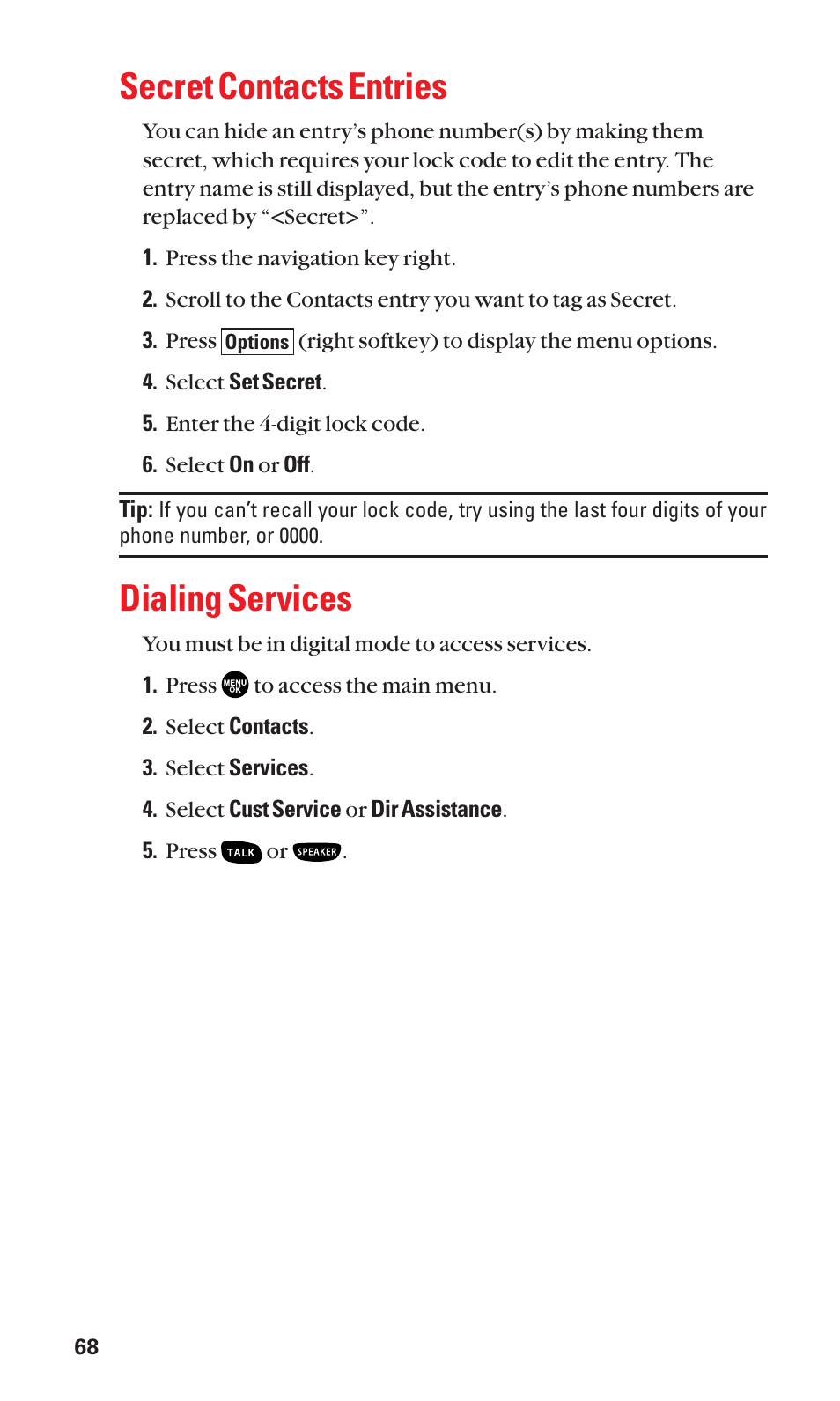 Secret contacts entries, Dialing services | Sanyo SCP-2400 User Manual | Page 76 / 140