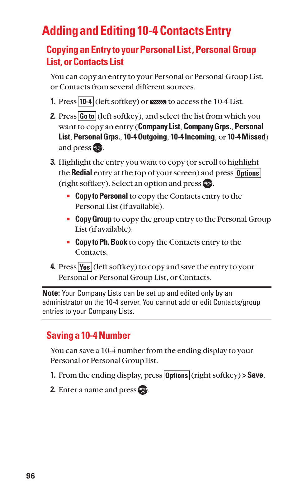 Adding and editing 10-4 contacts entry, Saving a 10-4 number | Sanyo SCP-7050 User Manual | Page 104 / 139