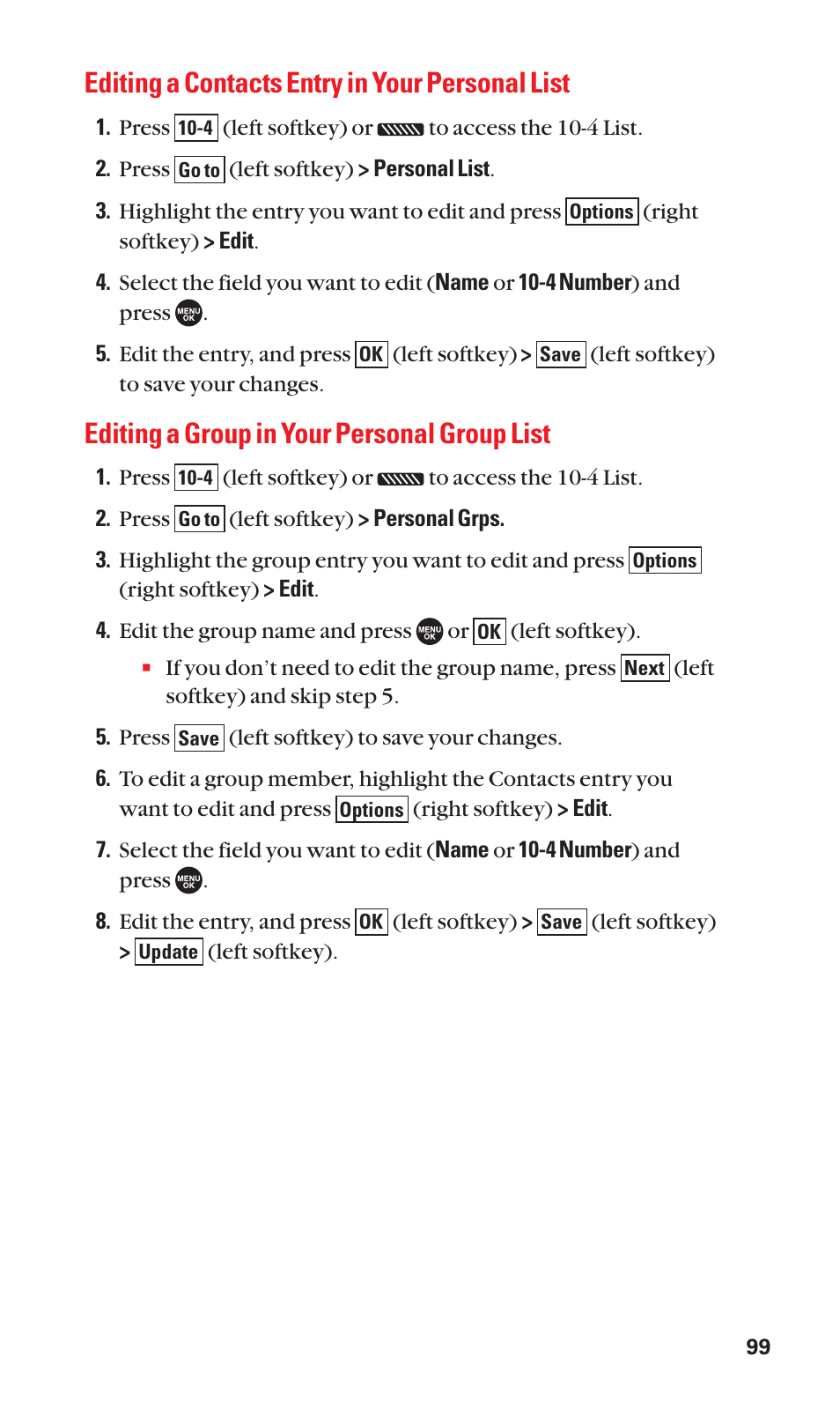 Editing a contacts entry in your personal list, Editing a group in your personal group list | Sanyo SCP-7050 User Manual | Page 107 / 139