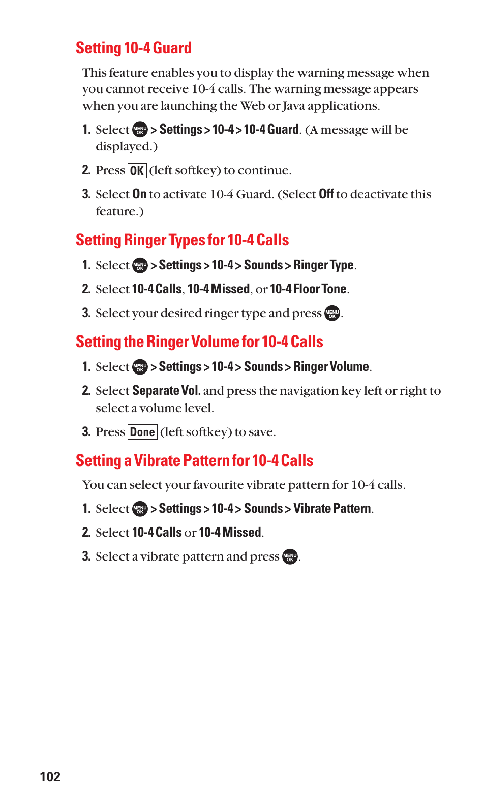 Setting 10-4 guard, Setting ringer types for 10-4 calls, Setting the ringer volume for 10-4 calls | Setting a vibrate pattern for 10-4 calls | Sanyo SCP-7050 User Manual | Page 110 / 139