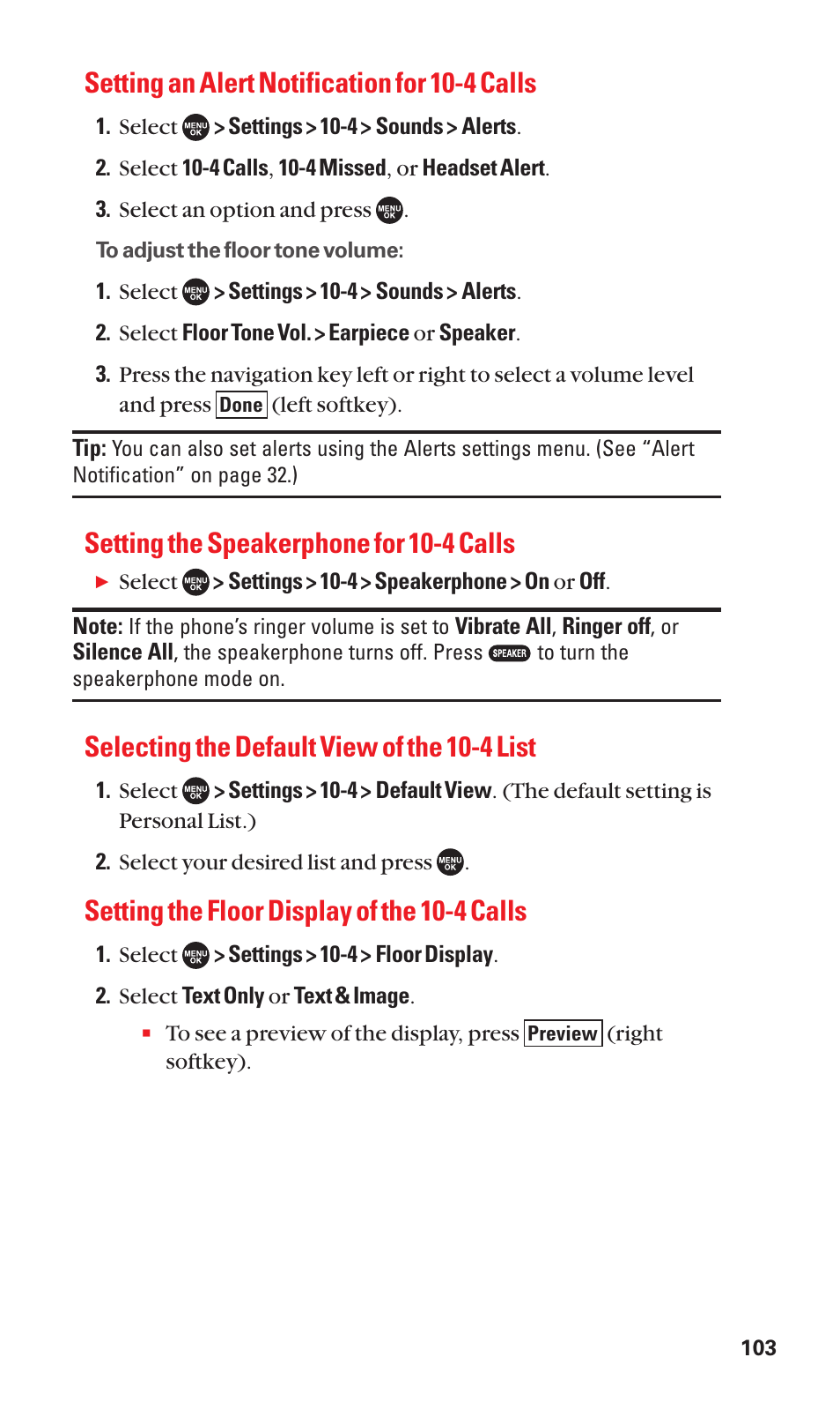 Setting an alert notification for 10-4 calls, Setting the speakerphone for 10-4 calls, Selecting the default view of the 10-4 list | Setting the floor display of the 10-4 calls | Sanyo SCP-7050 User Manual | Page 111 / 139