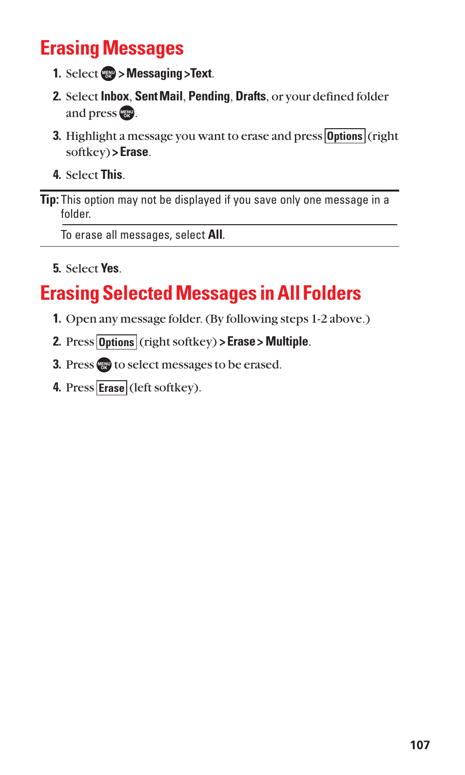 Erasing messages, Erasing selected messages in all folders | Sanyo SCP-7050 User Manual | Page 115 / 139