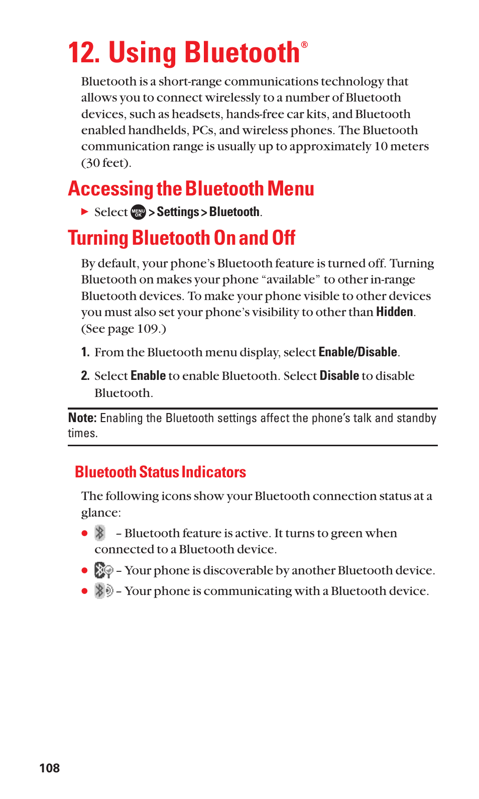 Using bluetooth, Accessing the bluetooth menu, Turning bluetooth on and off | Bluetooth status indicators | Sanyo SCP-7050 User Manual | Page 116 / 139