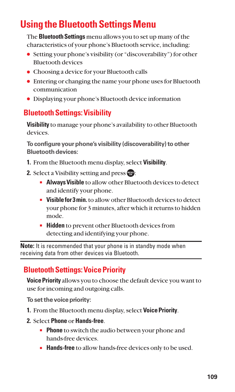 Using the bluetooth settings menu, Bluetooth settings: visibility, Bluetooth settings: voice priority | Sanyo SCP-7050 User Manual | Page 117 / 139